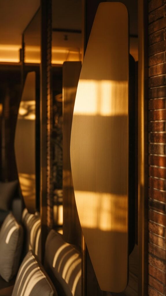  Soft golden light reflecting off a wall mirror, creating that moody, designer glow you’d expect in a boutique hotel.