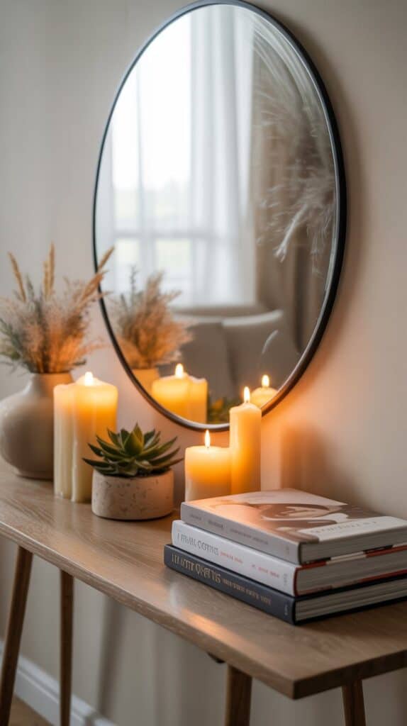 Decorating on a Dime: A round mirror above a console table, surrounded by candles and books; a perfect Instagram-worthy corner.