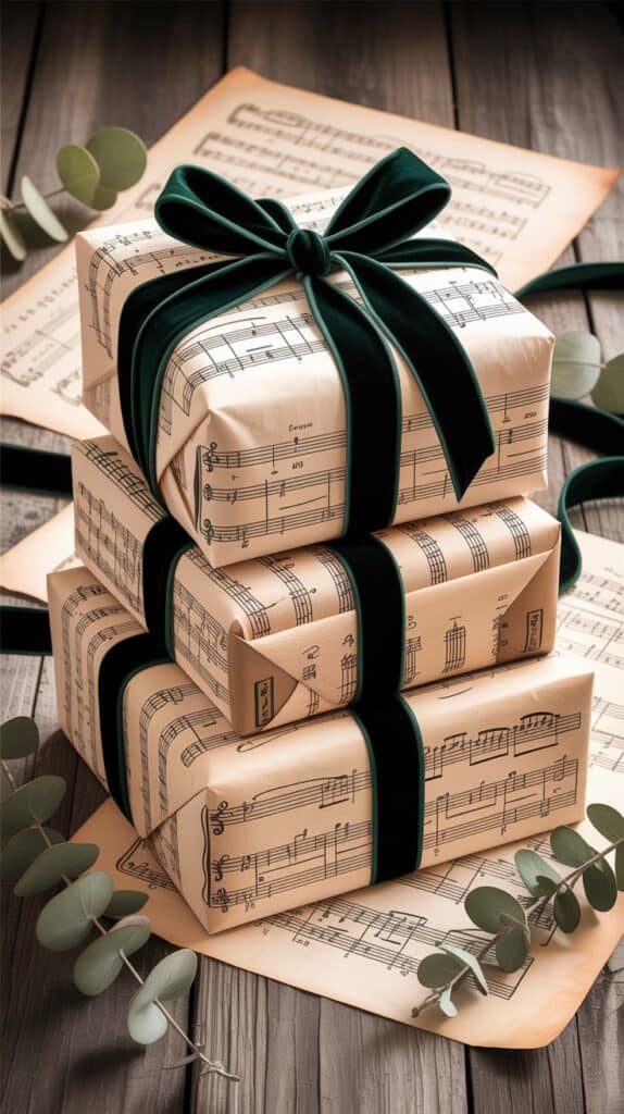 A stack of gifts wrapped in old sheet music with black velvet ribbons, vintage, sustainable, and beautiful.