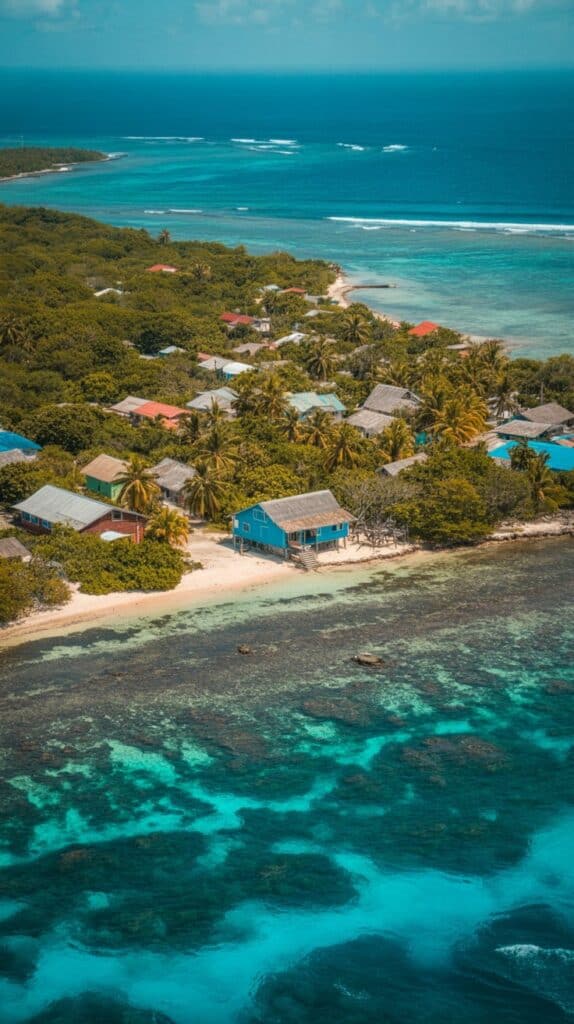 Small Islands You’ve Never Heard Of: Aerial view of a coastal village with colorful houses surrounded by lush greenery, next to a clear turquoise ocean. The scene is tranquil and tropical.