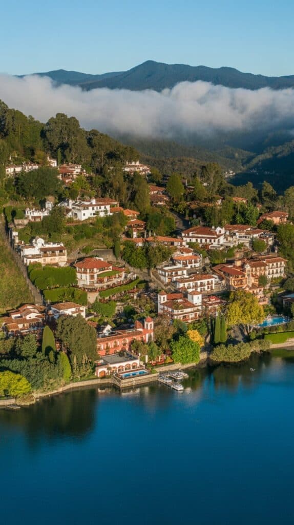 A scenic hillside town with red-tiled roofs sits near a calm blue lake. Lush greenery surrounds the houses, and clouds hover over distant mountains.