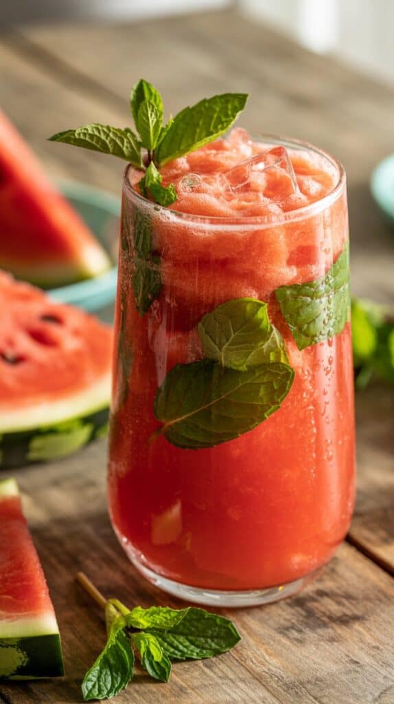 Non-Alcoholic Brunch Drinks: Frosty pink slush with green mint accents, refreshing, playful, and almost too pretty to drink (nearly).