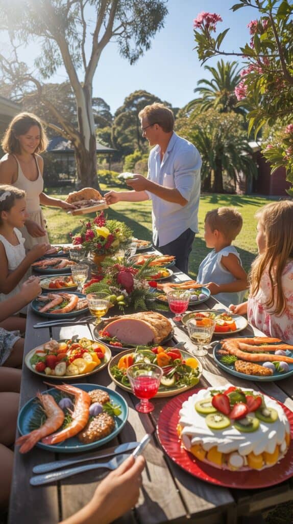 A cheerful outdoor family gathering with a table of vibrant dishes, including seafood and salad. Sunlight filters through trees, creating a warm, festive atmosphere.