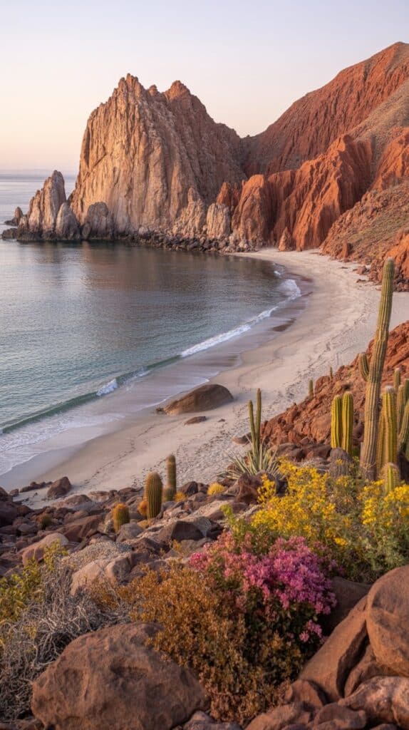 Rocky cliffs and a secluded beach curve around a calm, turquoise bay. Cacti and vibrant wildflowers dot the foreground, evoking a serene desert landscape.