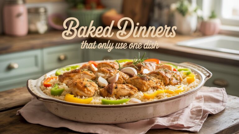 A rustic kitchen setting with a charming wooden countertop features a single-dish baked chicken and rice meal, garnished with colorful bell peppers and herbs. The image conveys warmth and simplicity, with the text overlay "Baked Dinners that only use one dish."