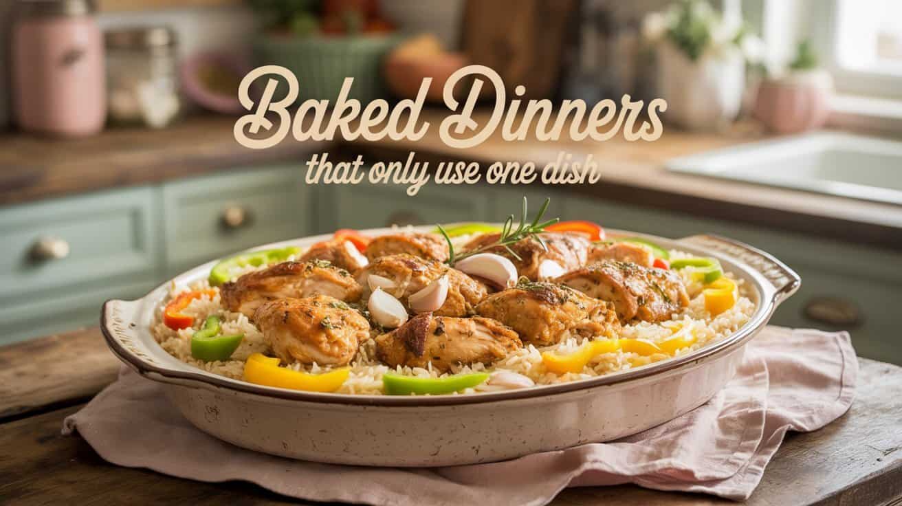 A rustic kitchen setting with a charming wooden countertop features a single-dish baked chicken and rice meal, garnished with colorful bell peppers and herbs. The image conveys warmth and simplicity, with the text overlay "Baked Dinners that only use one dish."