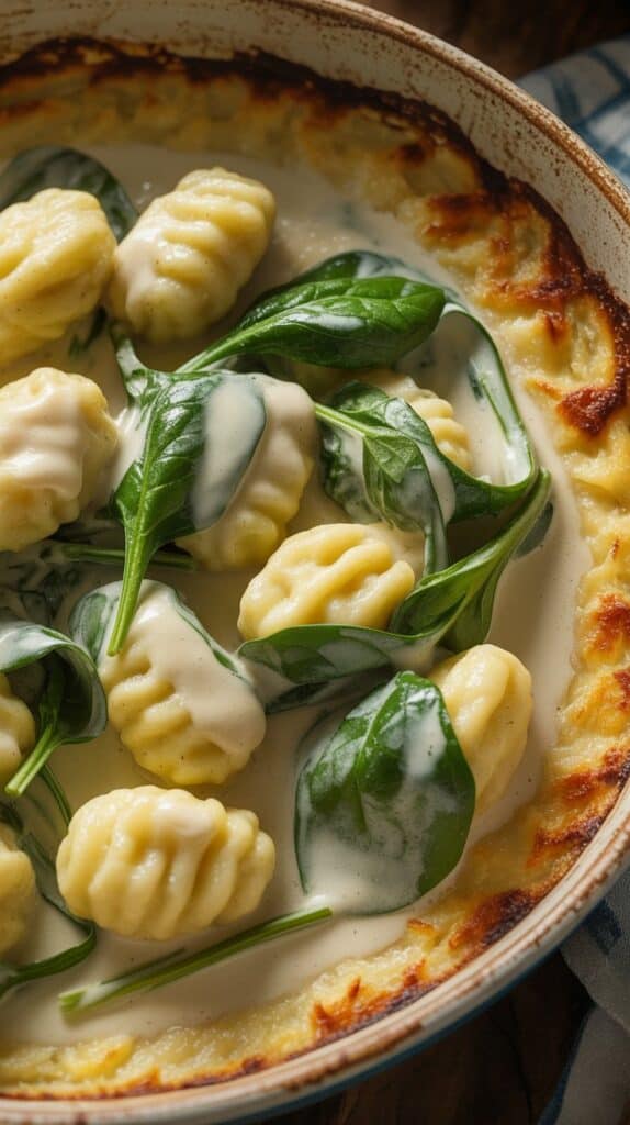 Creamy gnocchi with fresh spinach leaves in a browned gratin dish, exuding a warm and inviting homemade aroma, garnished with a rich cheese sauce.