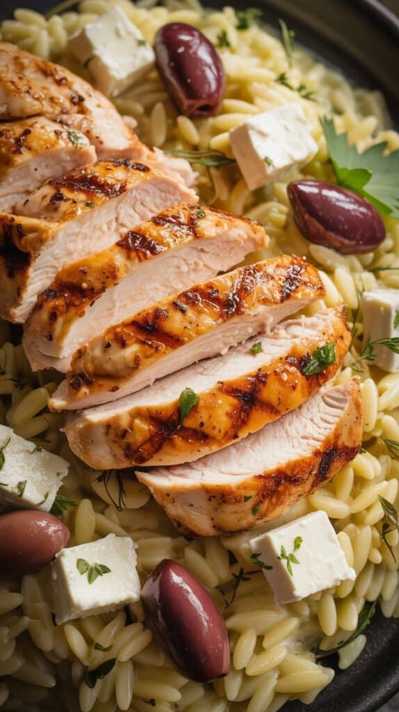 Grilled chicken slices on a bed of orzo pasta with feta cubes, black olives, and parsley garnish. The dish looks fresh and appetizing.