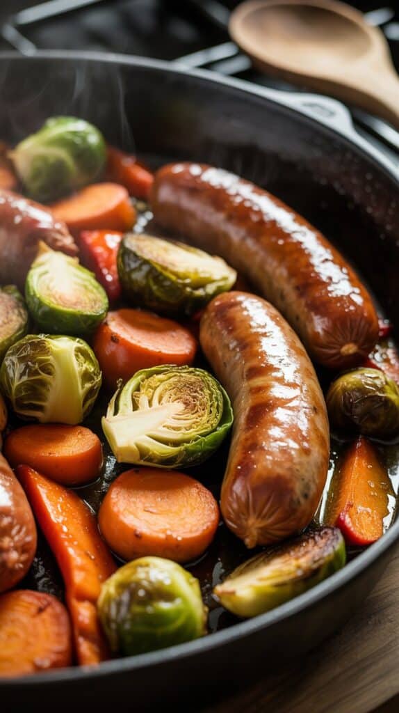 Sizzling sausage with steamed Brussels sprouts and carrots in a black skillet. The colorful, hearty dish emits warmth and a savory aroma.