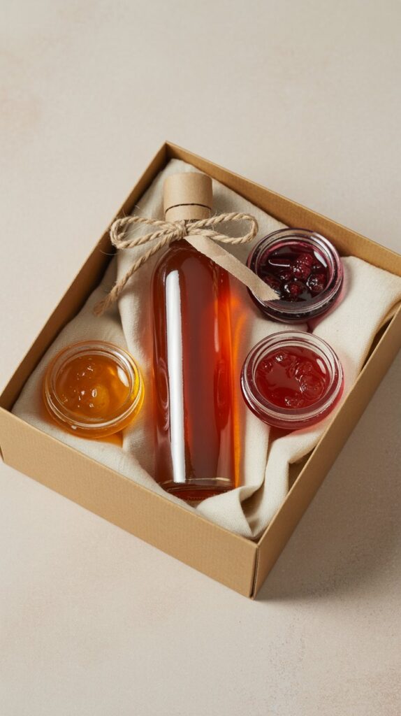 A kraft box with a linen towel folded neatly at the bottom, tiny jam jars sparkling like jewels, and a maple syrup bottle tied with a ribbon.