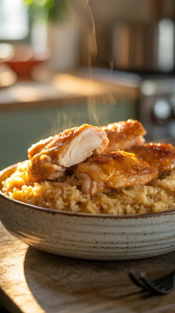Steaming roasted chicken thighs on a bed of golden rice in a rustic bowl, warmly lit with a blurred kitchen background, evoking a cozy, appetizing feel.