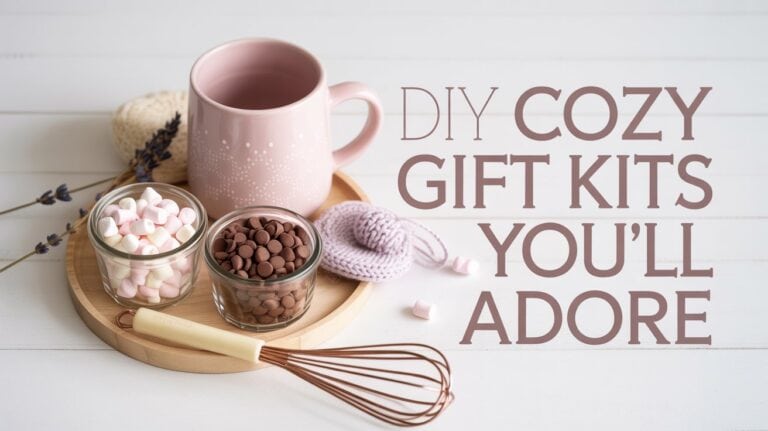 Pink mug and small tray with marshmallows, chocolate chips, and a whisk. Soft light and lavender sprigs create a cozy, inviting atmosphere. Text reads, "DIY Cozy Gift Kits You'll Adore."