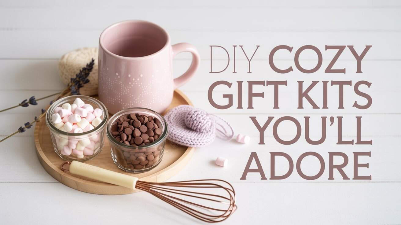 Pink mug and small tray with marshmallows, chocolate chips, and a whisk. Soft light and lavender sprigs create a cozy, inviting atmosphere. Text reads, "DIY Cozy Gift Kits You'll Adore."