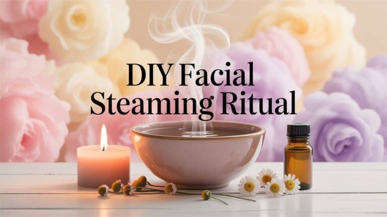Bowl emitting steam, beside a lit candle, essential oil bottle, and chamomile flowers on a table. Soft pastel floral background. Text: "DIY Facial Steaming Ritual." Calm and serene atmosphere.