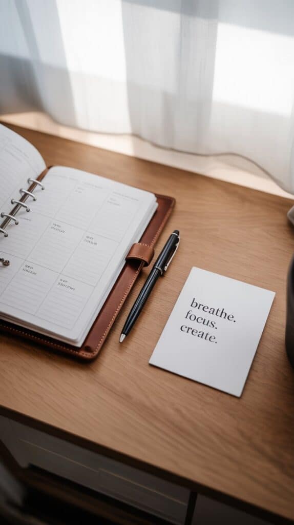 A planner with a leather cover lies open on a wooden desk beside a pen and a card reading "breathe. focus. create." Sunlight filters through a curtain.