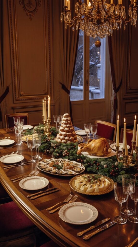 Luxurious holiday feast in an elegant dining room with ornate chandeliers. Table features a roast turkey, pastries, candles, and greenery, exuding warmth.
