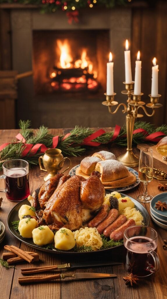 Holiday Dinners Abroad: A cozy holiday dinner scene with a roasted turkey, sausages, potatoes, and garnishes on a wooden table. A lit fireplace and candles create a warm ambiance.