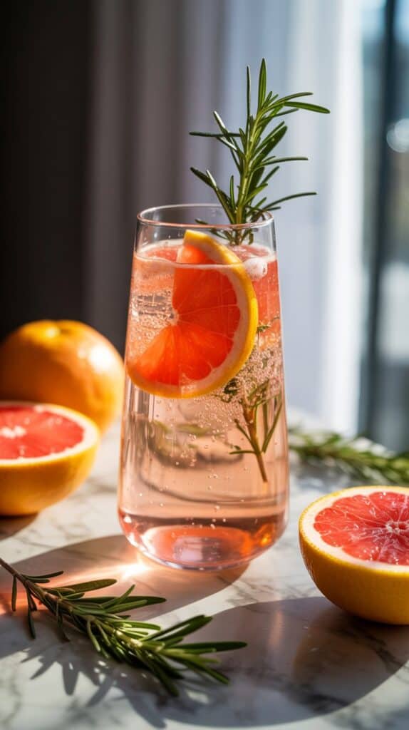 Pretty Drinks: A refreshing grapefruit cocktail in a tall glass, garnished with a rosemary sprig. Sliced and whole grapefruits are on a sunlit marble table.