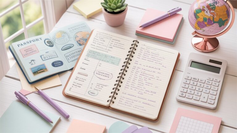 Hidden Fees: A neatly arranged desk with an open planner showing handwritten notes, a passport, pens, calculator, globe, sticky notes, and a small succulent, creating a travel planning vibe.