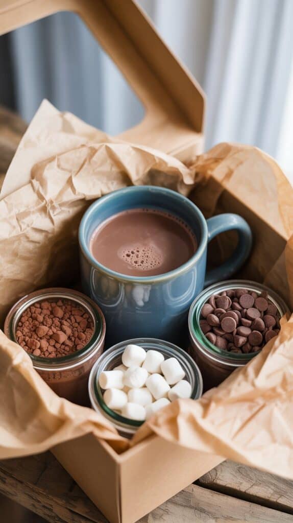 A winter-blue mug nestled inside a kraft box, surrounded by tiny jars filled with cocoa, marshmallows, and chocolate chips, everything looking soft, warm, and ready for a snowy movie night.