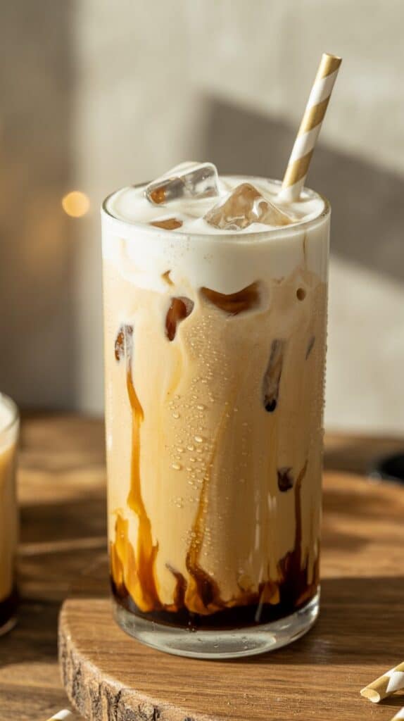 A tall glass of iced coffee with milk swirls and ice cubes on a wooden surface. Topped with creamy froth and a striped straw, it evokes a refreshing feel.