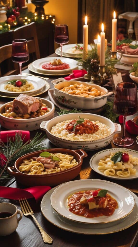 Holiday Dinners Abroad: Festive dining table with various pasta dishes, candles, red wine glasses, and holiday decorations, creating a warm and inviting Christmas atmosphere.