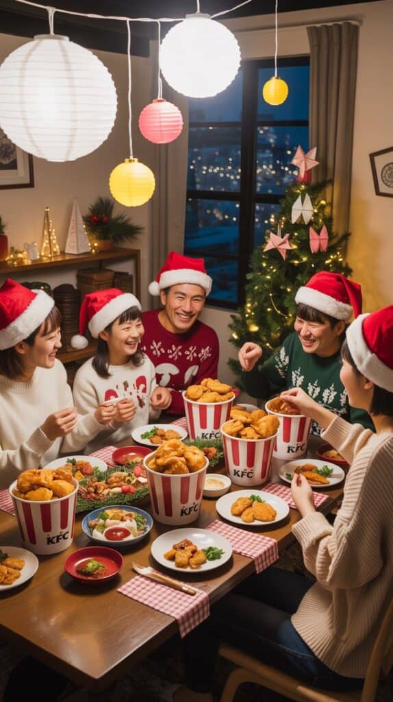 Five friends wearing Santa hats enjoy a festive meal with KFC buckets on a table. A Christmas tree and lanterns add a warm holiday ambiance.