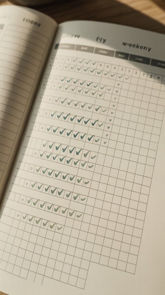 Open planner page in soft sunlight. Features a filled checklist with columns for days and tasks, illustrating organized productivity and planning.