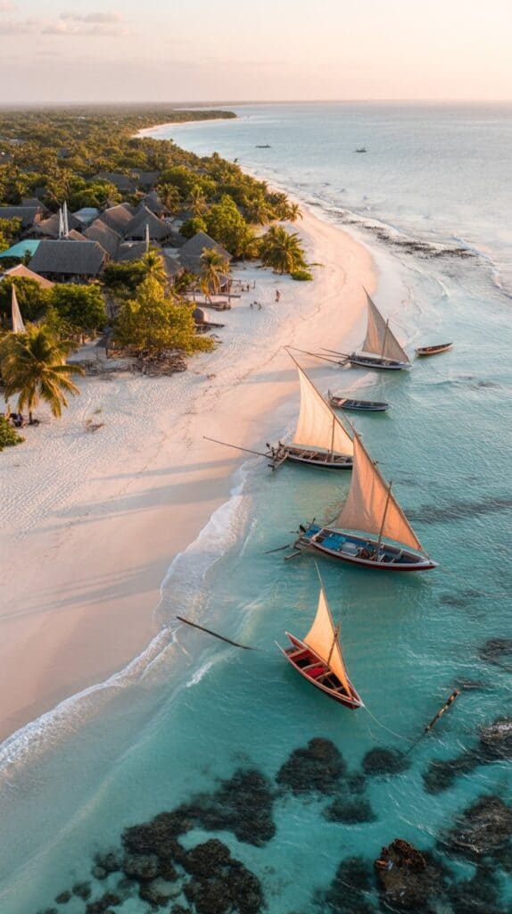 Aerial view of a serene beach at sunrise, with turquoise waters and traditional sailboats near the shore. Lush greenery and huts line the sandy coast.