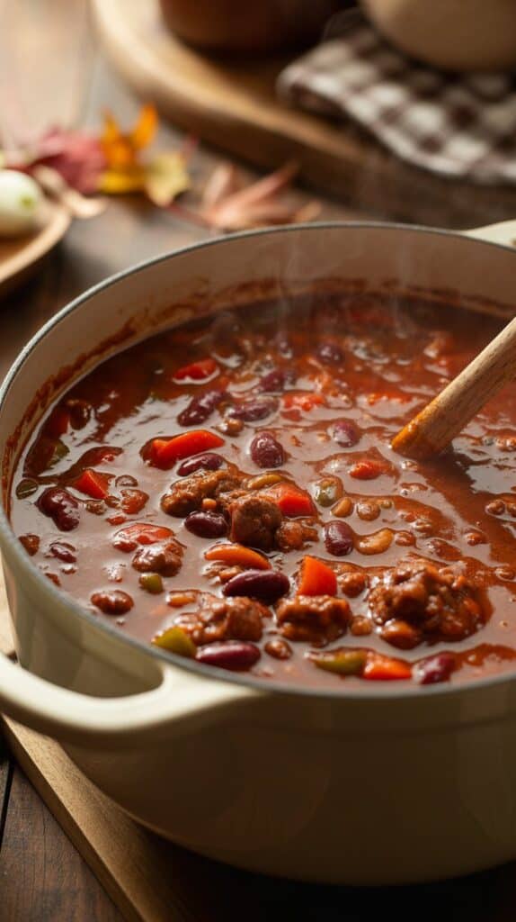 Baked Dinners: A steaming pot of hearty chili with red beans, meat, and vibrant peppers in rich sauce. Warm tones suggest a cozy, comforting autumn meal.