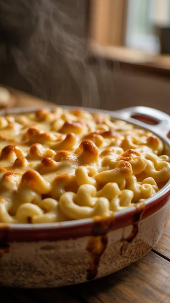 Baked Dinners: Steaming baked mac and cheese in a rustic round dish on a wooden table, featuring golden-brown bubbly cheese topping, evoking warmth and comfort.