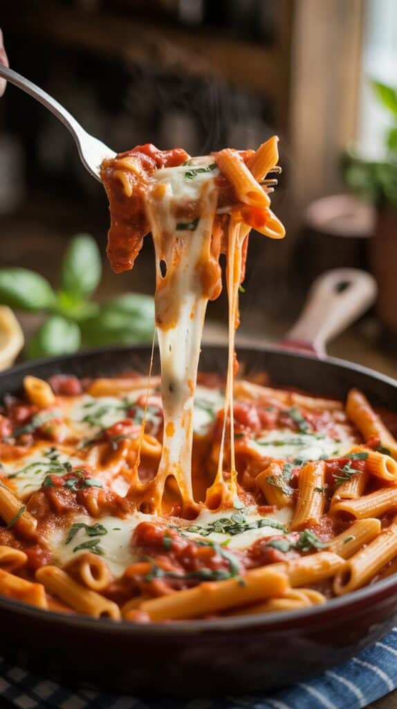 Baked Dinners: A fork lifts cheesy, steaming penne pasta coated in tomato sauce from a skillet. Fresh basil tops the dish, creating a warm, inviting ambiance.