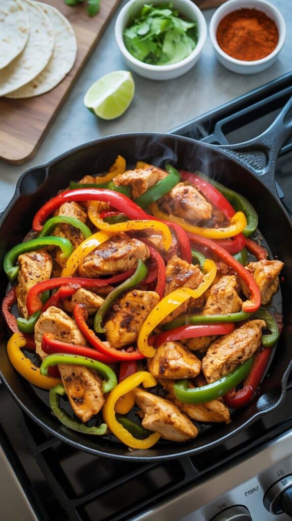 Baked Dinners: A sizzling skillet of seasoned chicken, red, green, and yellow bell peppers on a stovetop. Nearby are tortilla wraps, cilantro, lime, and spices.