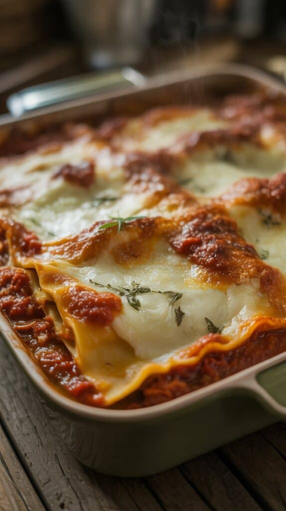 Baked Dinners: Bubbling lasagna with golden cheese and rich tomato sauce in a baking dish. The layers of pasta and herbs create a warm, homely feeling.