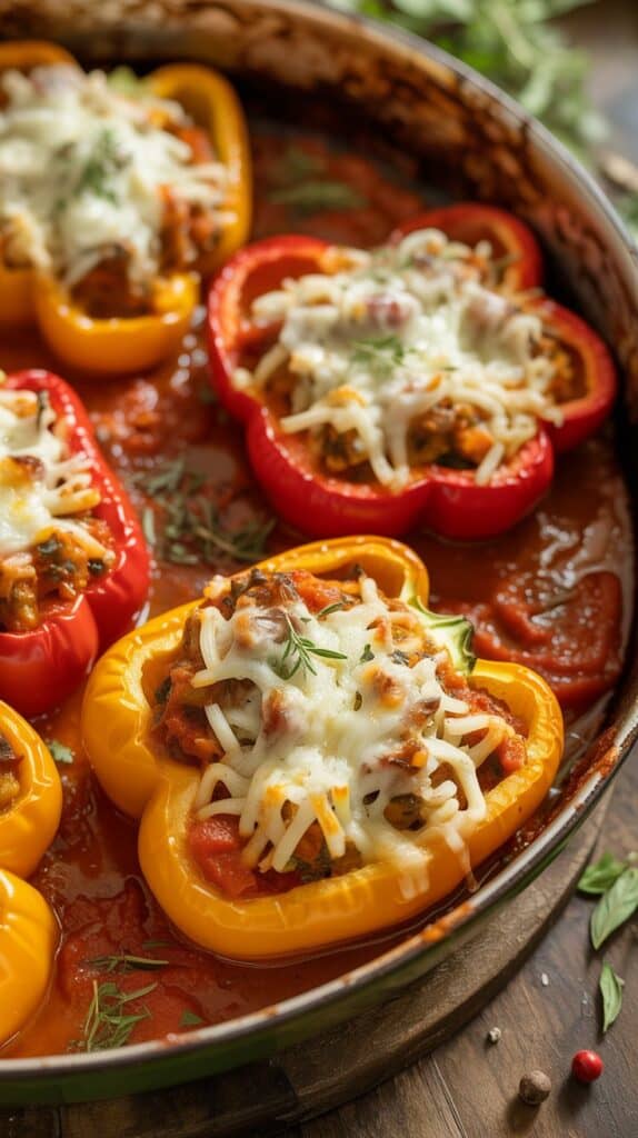 Baked Dinners: Stuffed bell peppers with melted cheese sit in a tomato sauce in a baking dish. Red and yellow peppers are garnished with herbs, creating a savory, appetizing look.