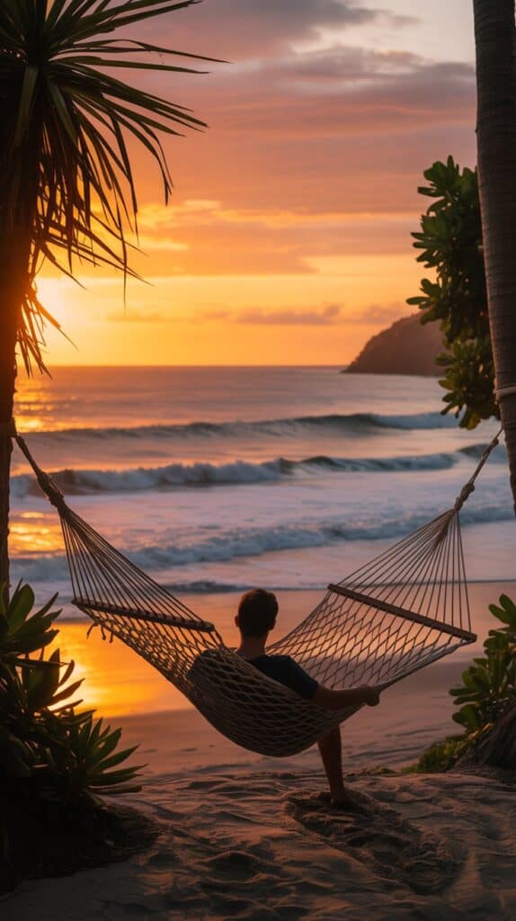 A person relaxes in a hammock strung between trees on a beach at sunset. The ocean waves gently lap the shore, with a warm, tranquil orange sky.