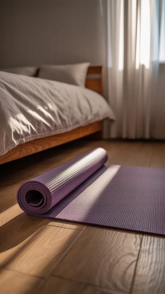 A rolled-up purple yoga mat lies on a wooden floor next to a neatly made bed with white bedding. Sunlight streams softly through sheer curtains, creating a calm ambiance.