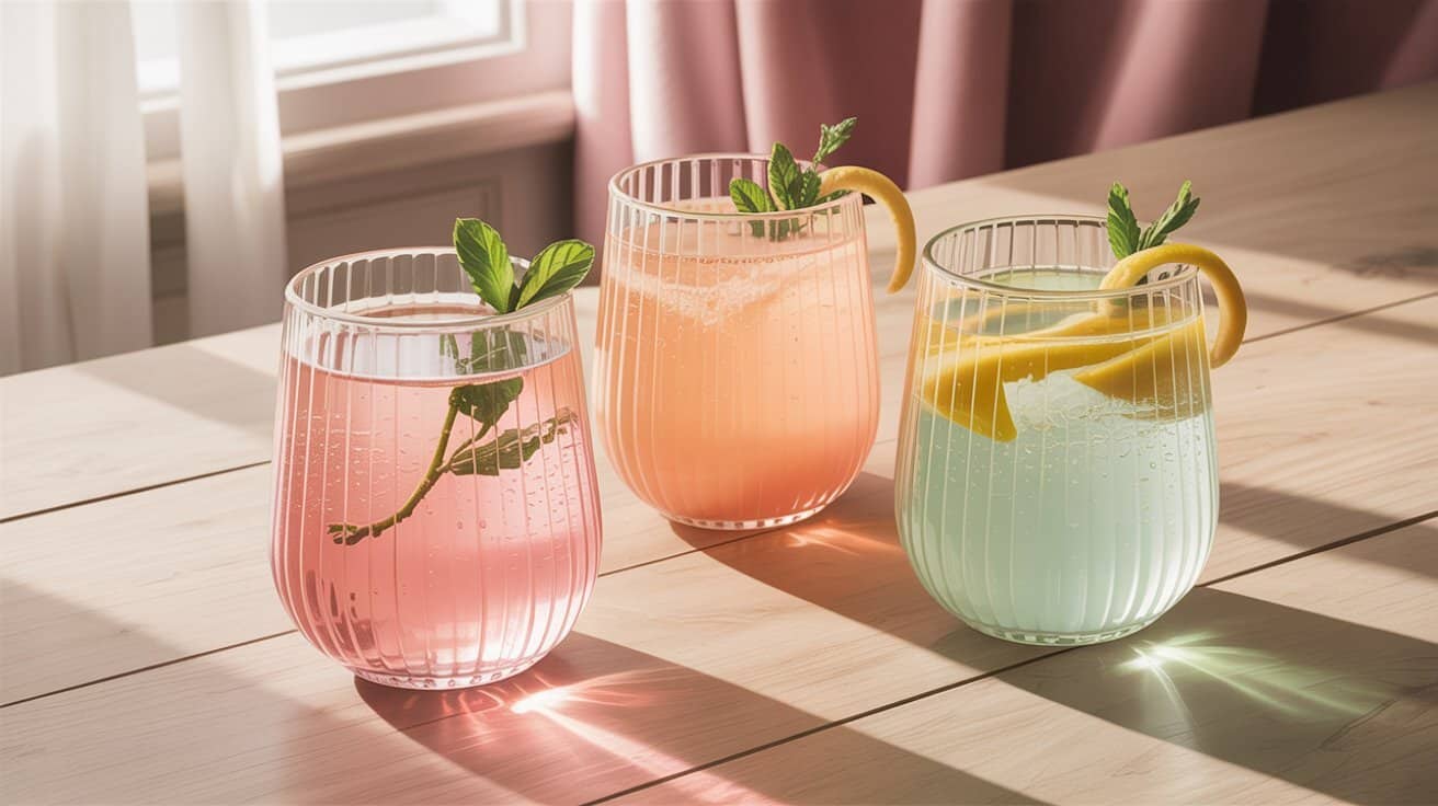 Pretty Drinks. Three pastel-colored drinks in ribbed glasses on a sunlit wooden table. Each has a lemon slice garnish; one also features mint sprigs, creating a refreshing vibe.