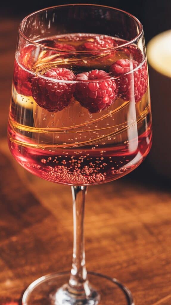 Pretty Drinks: A wine glass filled with bubbly golden and pink liquid, topped with fresh raspberries. The setting is warm, creating an inviting and elegant atmosphere.