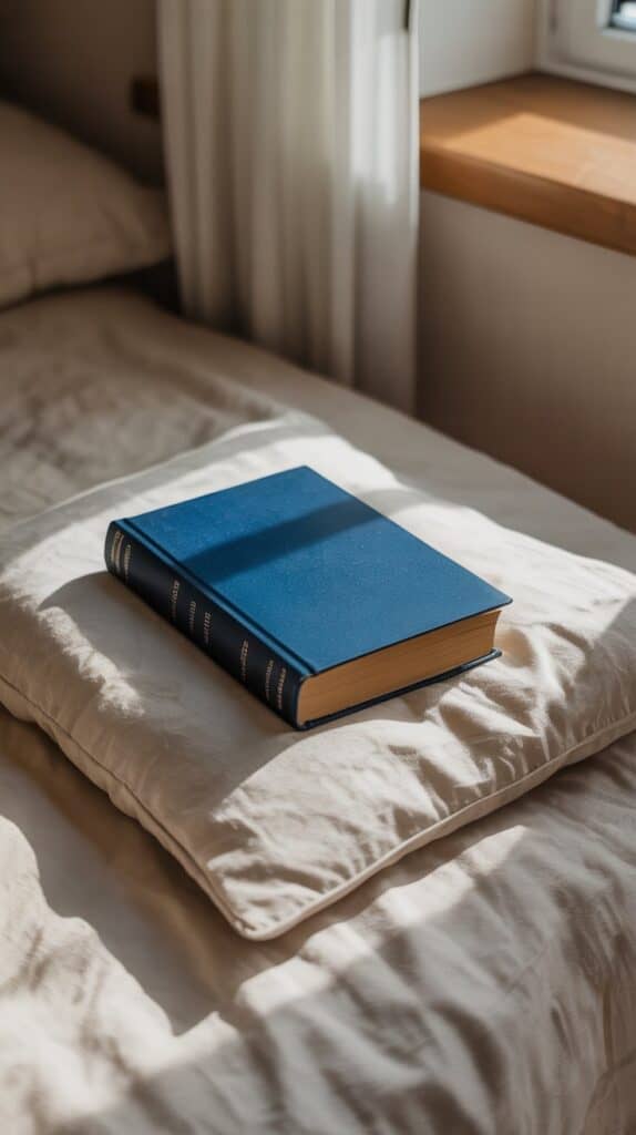 A hardcover blue book rests on a beige pillow on a sunlit bed. Soft, natural light filters through a nearby window, creating a calm, serene atmosphere.