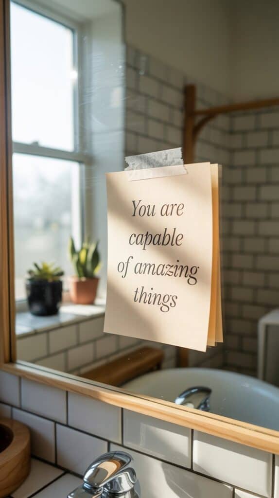 A handwritten note saying "You are capable of amazing things" is taped to a bathroom mirror. Sunlight streams through a window, illuminating two potted plants.