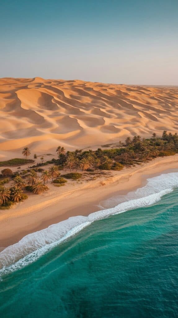 A serene beach with turquoise waves meets golden sand dunes, backed by lush palm trees under a clear blue sky, evoking a tranquil and exotic vibe.