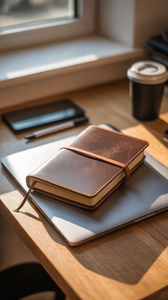 A leather-bound journal rests on a closed laptop on a sunlit wooden desk. Nearby are a pen, smartphone, and a takeaway coffee cup, creating a cozy, productive atmosphere.