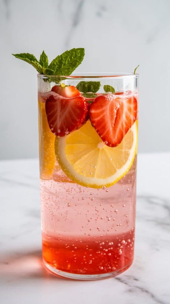 Soft pink bubbles rising through the glass, strawberry slices pressed against the sides, condensation forming as sunlight hits the rim. It looks like summer in a glass and tastes just as refreshing.