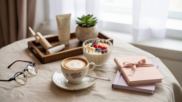 Streamline Your Morning: A table with a cappuccino in a floral cup, glasses, notebooks, and a yogurt bowl with berries. A wooden tray holds skincare items and a potted plant. Bright, cozy setting.