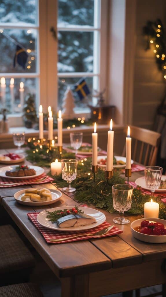 Festive dinner table set for Christmas with candles, greenery, and red-checked napkins. Plates hold traditional holiday foods; window shows winter scene.