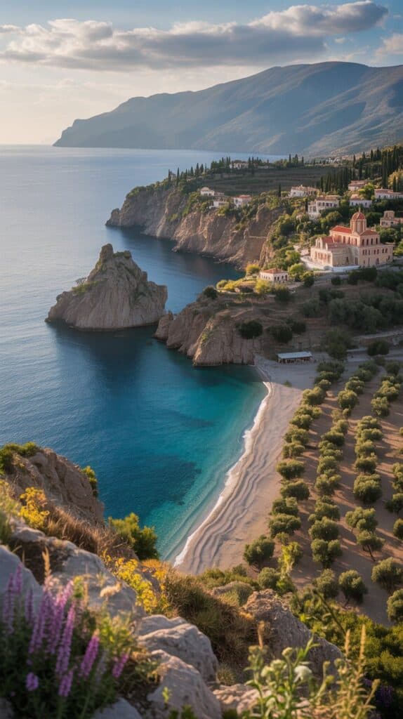 Coastal landscape with a serene beach, rocky cliffs, and turquoise sea. A village with a prominent church sits among olive trees, under a soft, golden sky.