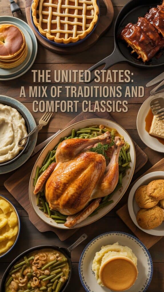 Holiday Dinners Abroad: Roasted turkey with green beans, mashed potatoes, cornbread, pie, and barbecue ribs arranged on wood. Text reads: "The United States: A Mix of Traditions and Comfort Classics."