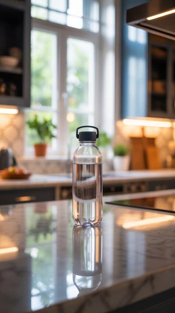 A clear water bottle with a black cap sits on a marble kitchen counter, reflecting soft light from a nearby window. The space feels bright and inviting.