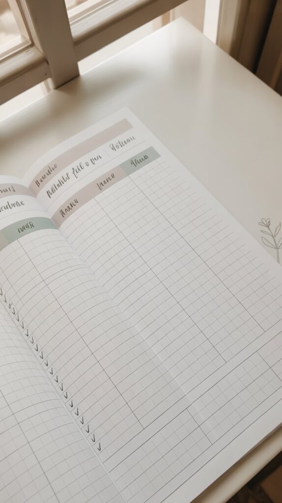 Open planner with grid layout on a desk, featuring columns for categories with pastel headings. Sunlight streams through a nearby window, creating a calm, organized vibe.